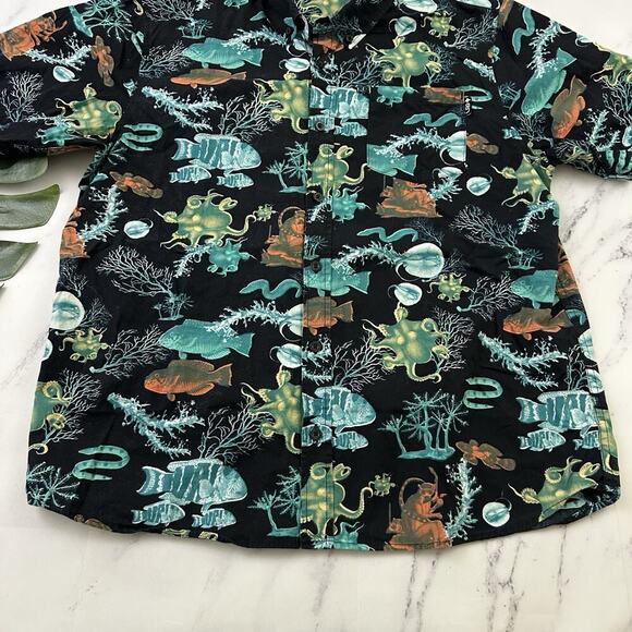 LRG Mens Button Up Shirt Size L Black Blue Ocean Sea Life Octopus Fish Print - Picture 5 of 12